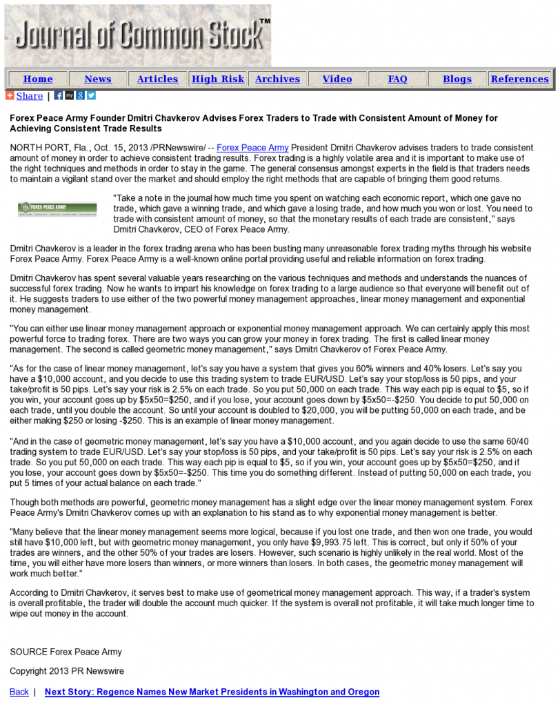 Money Making Opportunity Story in Journal of Common Stock by Forex Peace Army