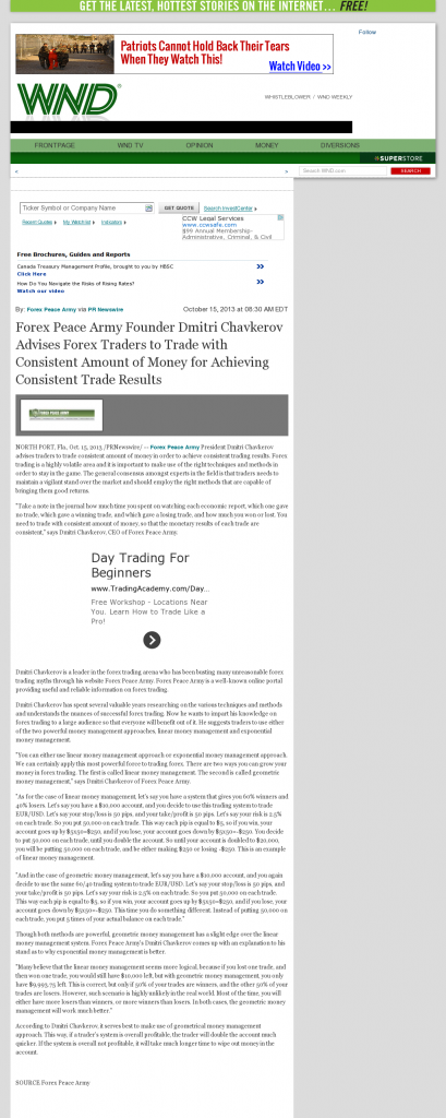 Money Making Opportunity Story in WorldNetDaily by Forex Peace Army