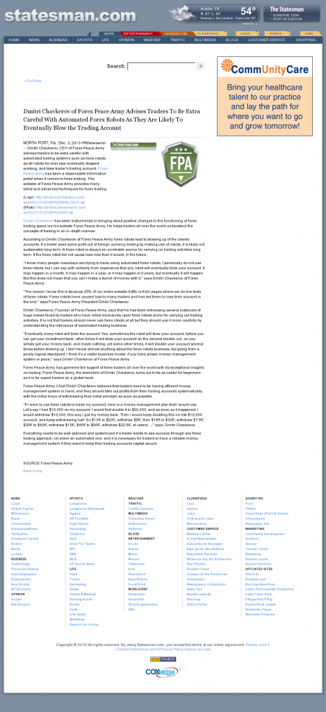 Trading Robots will Blow Trading Account Austin American-Statesman (Austin, TX) by Dmitri Chavkerov