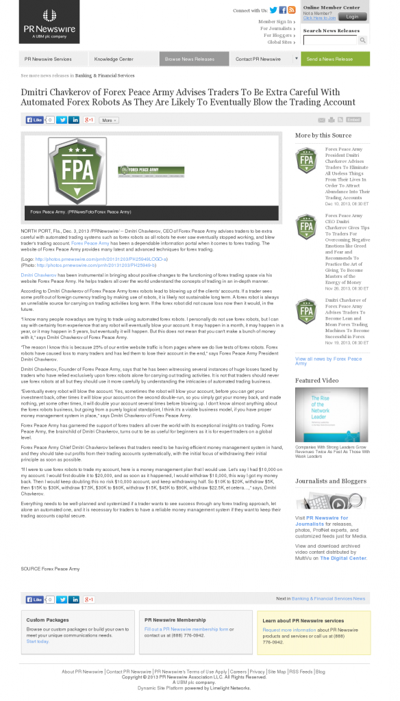 Trading Robots will Blow Trading Account PR Newswire by Dmitri Chavkerov